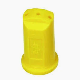 Bright yellow SJ3-02-VP plastic spray nozzle with a three-hole tip design for agricultural equipment.