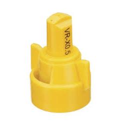 Bright yellow SJ3-VR-X0.5 plastic spray nozzle with a cylindrical body and side wing grips for easy installation.