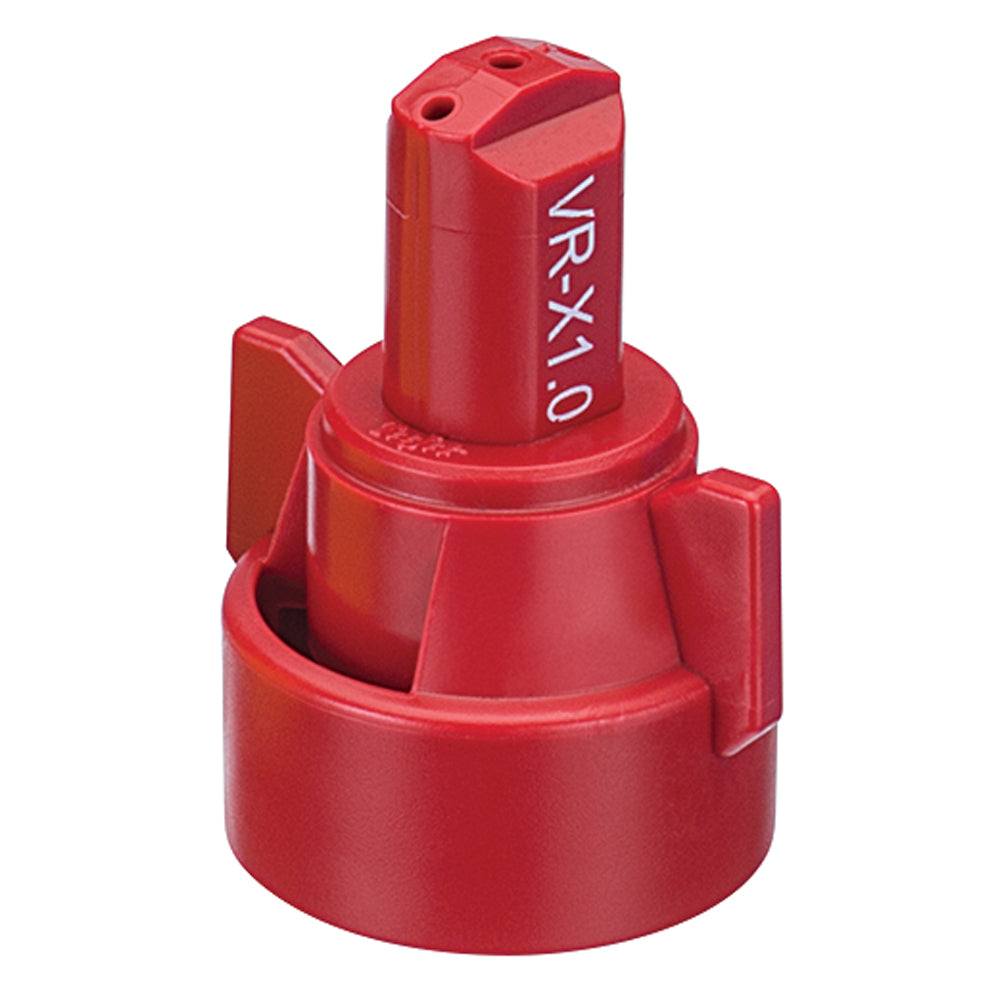 Red plastic SJ3-VR-X1.0 spray nozzle with a cylindrical body, dual side wings, and a dual-hole precision tip.