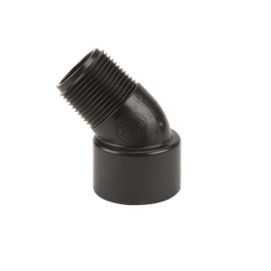 Black 45-degree street elbow pipe fitting with a threaded male end and a smooth female slip socket connection.