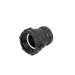 Black plastic TA283QD threaded pipe adapter with a white internal sealing ring for plumbing connections.