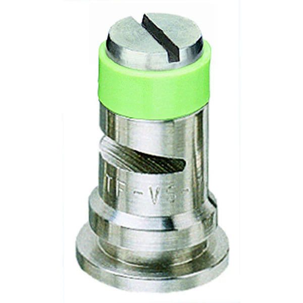 TF-VS7.5 stainless steel spray nozzle with a slotted head and a bright green plastic collar.