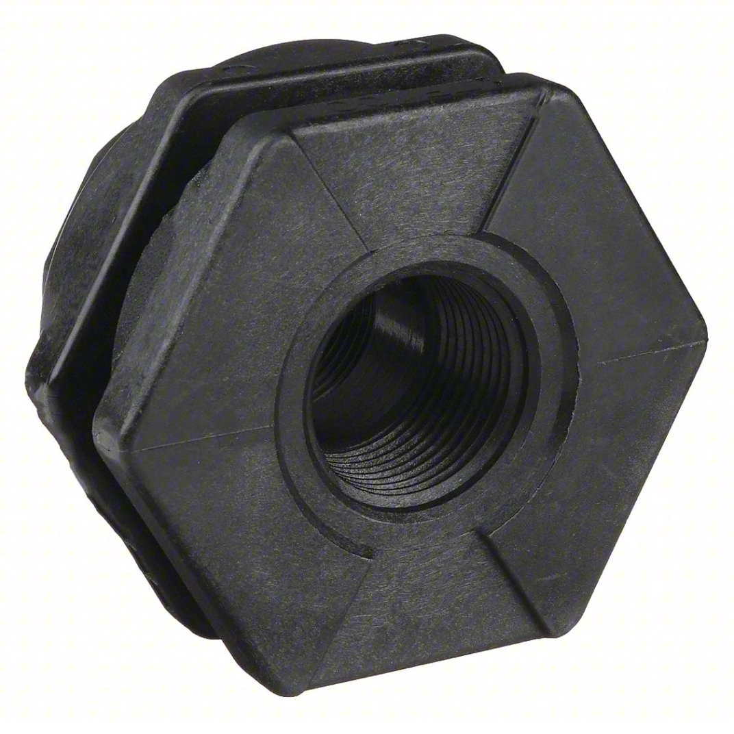 Black TF100 (G) bulkhead fitting with a hexagonal flange and threaded interior for secure pipe connections.