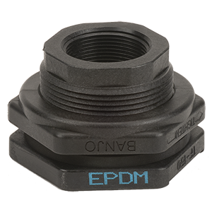 Black Banjo TF150 bulkhead tank fitting with EPDM gasket, featuring threaded plastic construction and hex nut design.