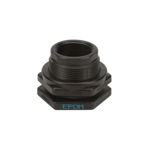 Black TF220 threaded tank bulkhead fitting with EPDM gasket and hexagonal nut.