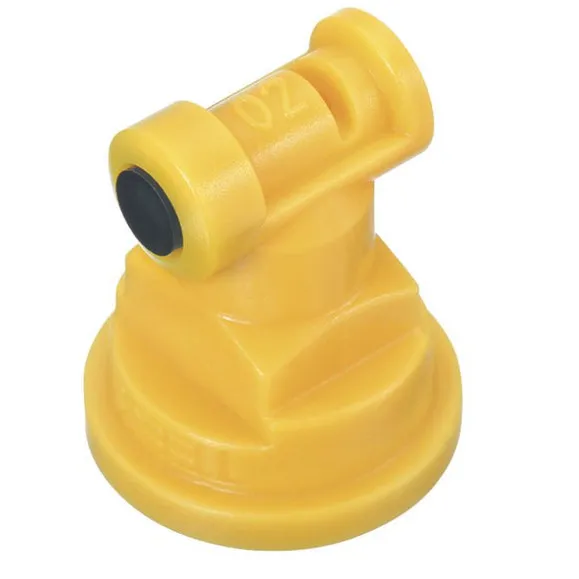 Yellow TT11002-VP plastic spray nozzle with a 02 marking and black tip for agricultural equipment.