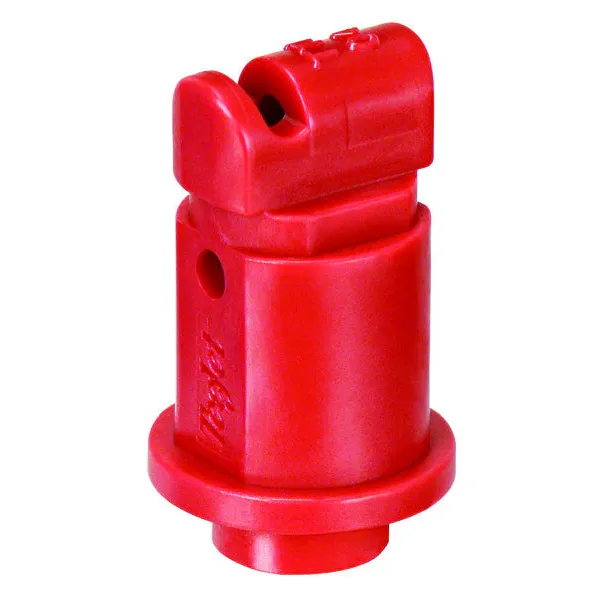 Red TeeJet TTI11004-VP air induction flat spray nozzle made of durable plastic for agricultural spraying.