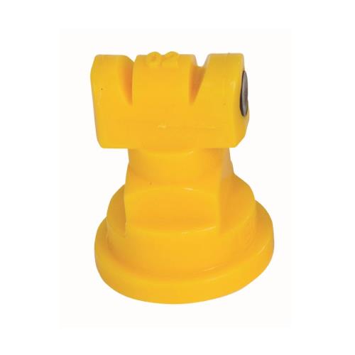 Bright yellow plastic agricultural spray nozzle with a 110-degree fan tip and 02 size marking.