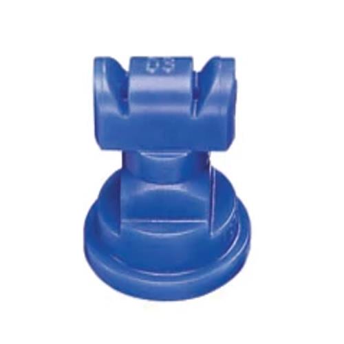 Blue plastic flat fan spray nozzle tip with a precision-engineered design for agricultural spraying equipment.