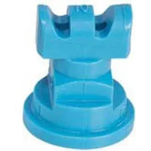Blue plastic TTJ60-11010VP-CE spray nozzle with a wide, grooved head and circular base for agricultural equipment.