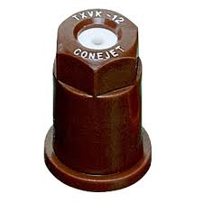 Brown TX-VK12 ConeJet spray nozzle with a hexagonal top and white ceramic insert for agricultural precision spraying.