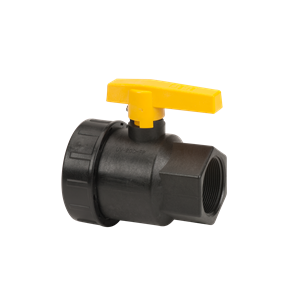 UV200FP black plastic ball valve with a bright yellow lever handle for flow control, featuring a threaded connection.