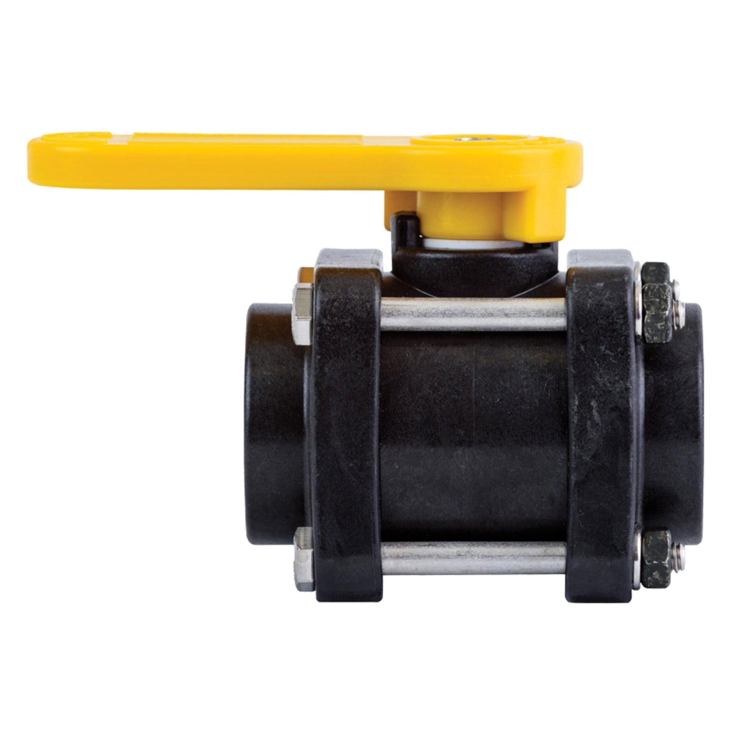V100FPY black plastic ball valve with a bright yellow lever handle and stainless steel bolt assembly on a white background.