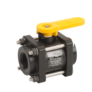 Black V125FP ball valve with a yellow handle, stainless steel bolts, and PTFE seats for industrial piping systems.