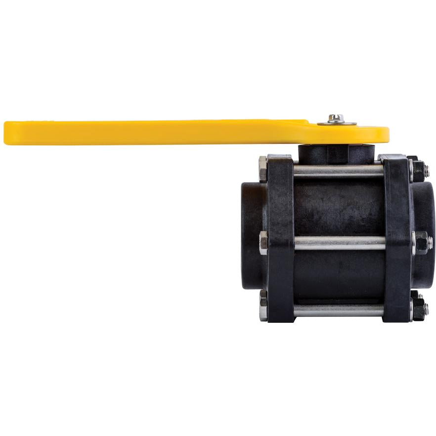 V200FPY black plastic industrial ball valve with a bright yellow handle and stainless steel bolt assembly.