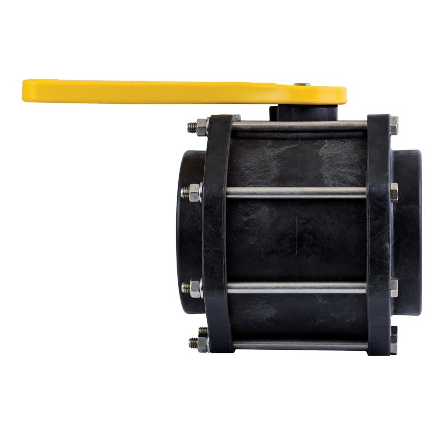 Black industrial ball valve with a yellow lever handle and stainless steel bolt hardware on a white background.