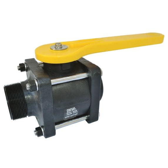 Black plastic ball valve with a bright yellow handle, stainless steel bolts, and threaded ends on a white background.