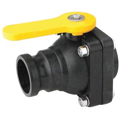 VSF200 (G) black plastic ball valve with a bright yellow lever handle and stainless steel bolt assembly.