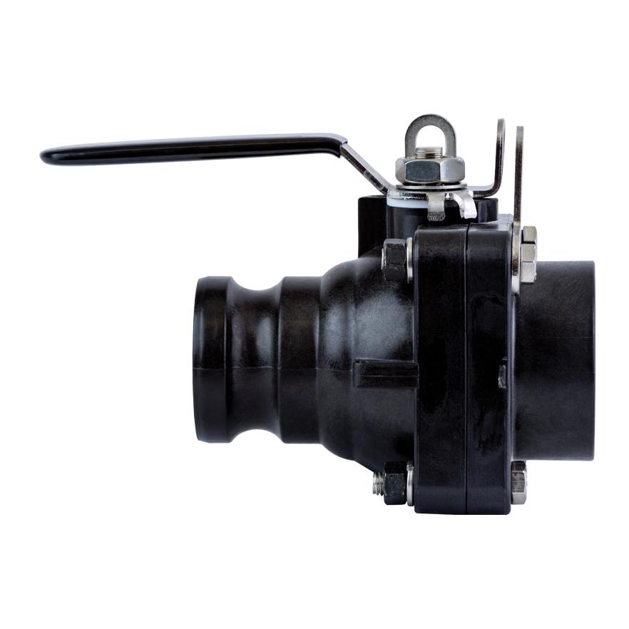 Black VSF204HSFP ball valve with a long lever handle, stainless steel hardware, and a durable plastic body design.