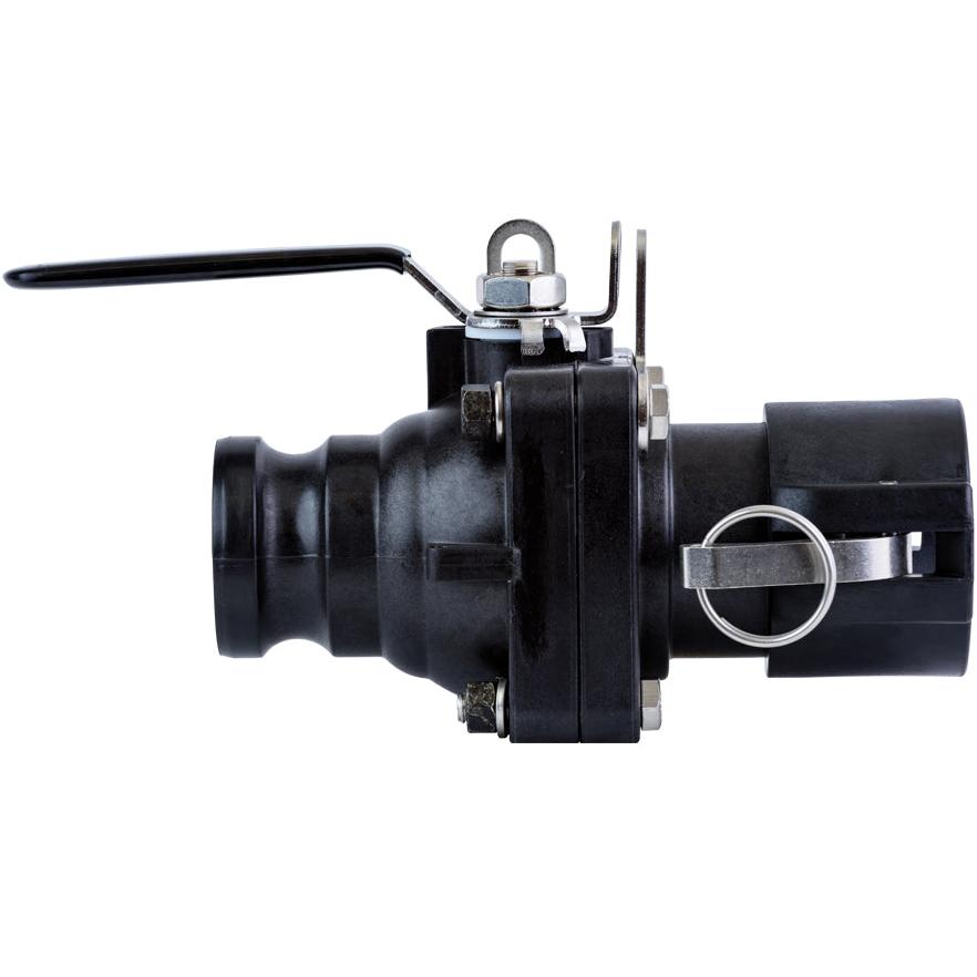 Black VSFD204HSFP ball valve with a lever handle, metal locking pin, and durable plastic housing for fluid control.
