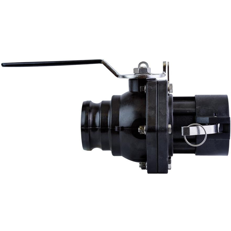 Black VSFD300HSFP ball valve with a metal handle, stainless steel bolts, and a locking pin mechanism on a white background.