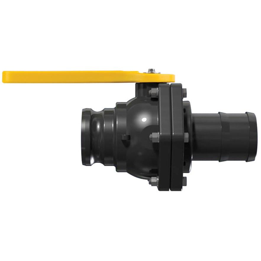 VSFHB300FP gray polypropylene ball valve with a bright yellow handle and flanged bolt construction on a white background.