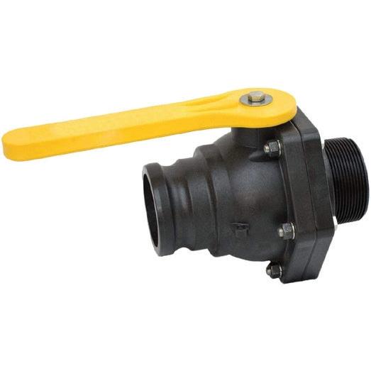 Black plastic 3-inch full port ball valve with a bright yellow lever handle and threaded connection ends.