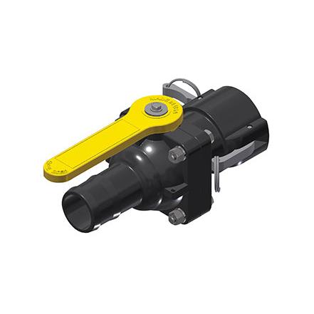 Black industrial ball valve with a bright yellow handle and metal locking hardware on a white background.