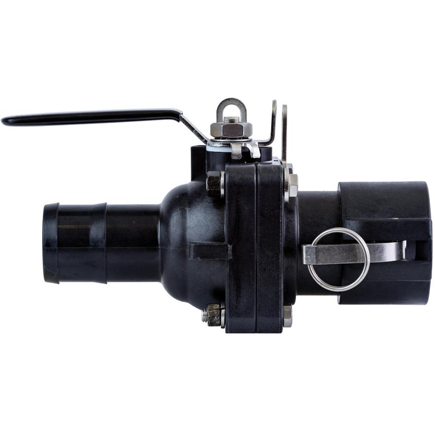 Black polypropylene ball valve with a lever handle, stainless steel hardware, and a locking pin mechanism on a white background.