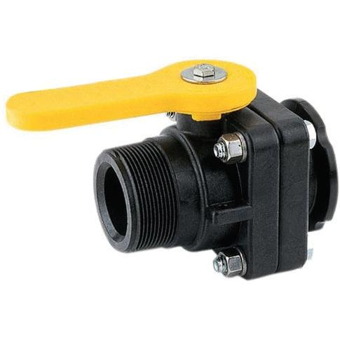 VSMT200CF black plastic ball valve with a yellow lever handle and stainless steel bolt hardware.