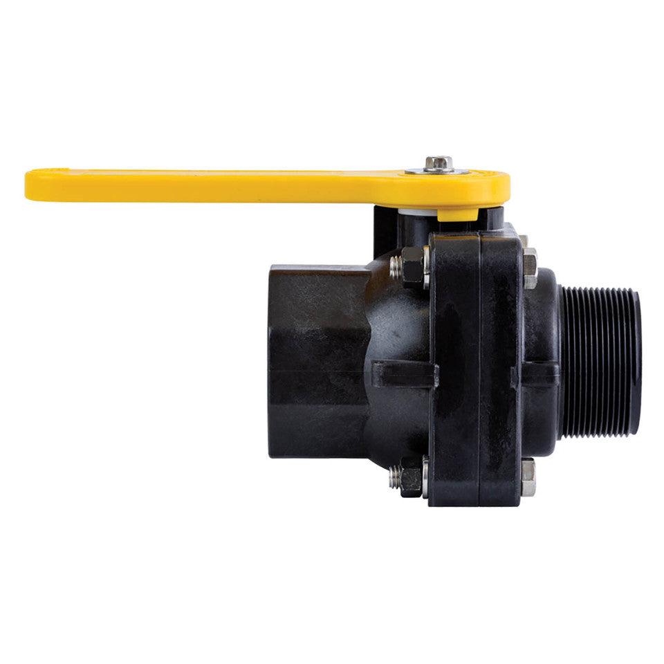 Black plastic VSMT204FP ball valve with a bright yellow lever handle and threaded ends on a white background.
