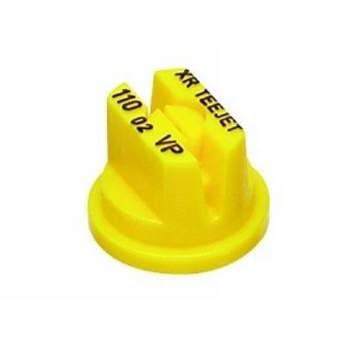 Yellow XR TeeJet 11002-VP flat fan spray nozzle with black printed specifications on a durable plastic body.