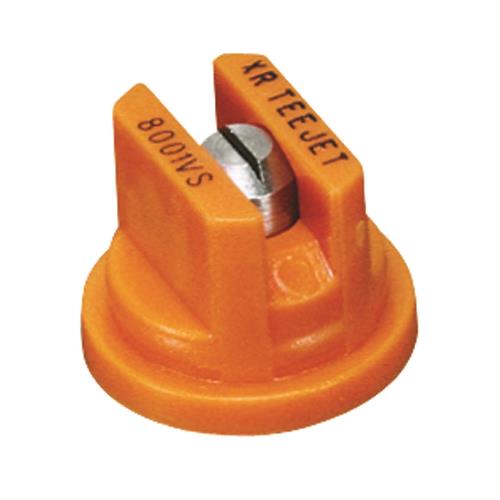 Orange XR TeeJet 8001VS flat fan spray nozzle with a stainless steel tip for agricultural precision spraying.