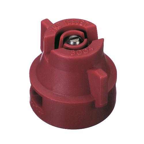 Red TeeJet XRC8004-VS spray nozzle with a stainless steel insert and durable plastic housing for agricultural spraying.