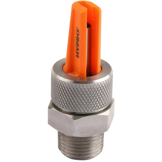 Hypro XT043 stainless steel spray nozzle with an orange plastic tip and a textured, knurled metal grip.