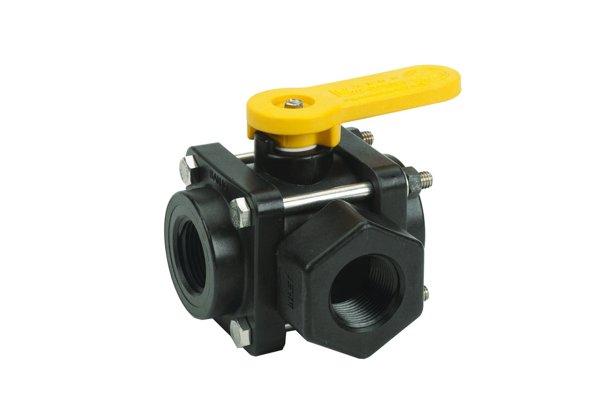Banjo V100SL 1" 3-Way Side Load Poly Ball Valve, FNPT