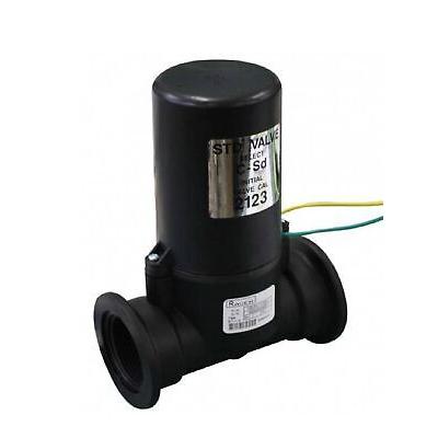 Black plastic industrial solenoid valve with a cylindrical housing, metal identification plate, and two electrical wires.