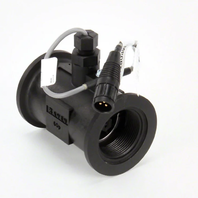 Raven 60P black plastic flow meter with threaded ports and a three-pin electrical connector cable.