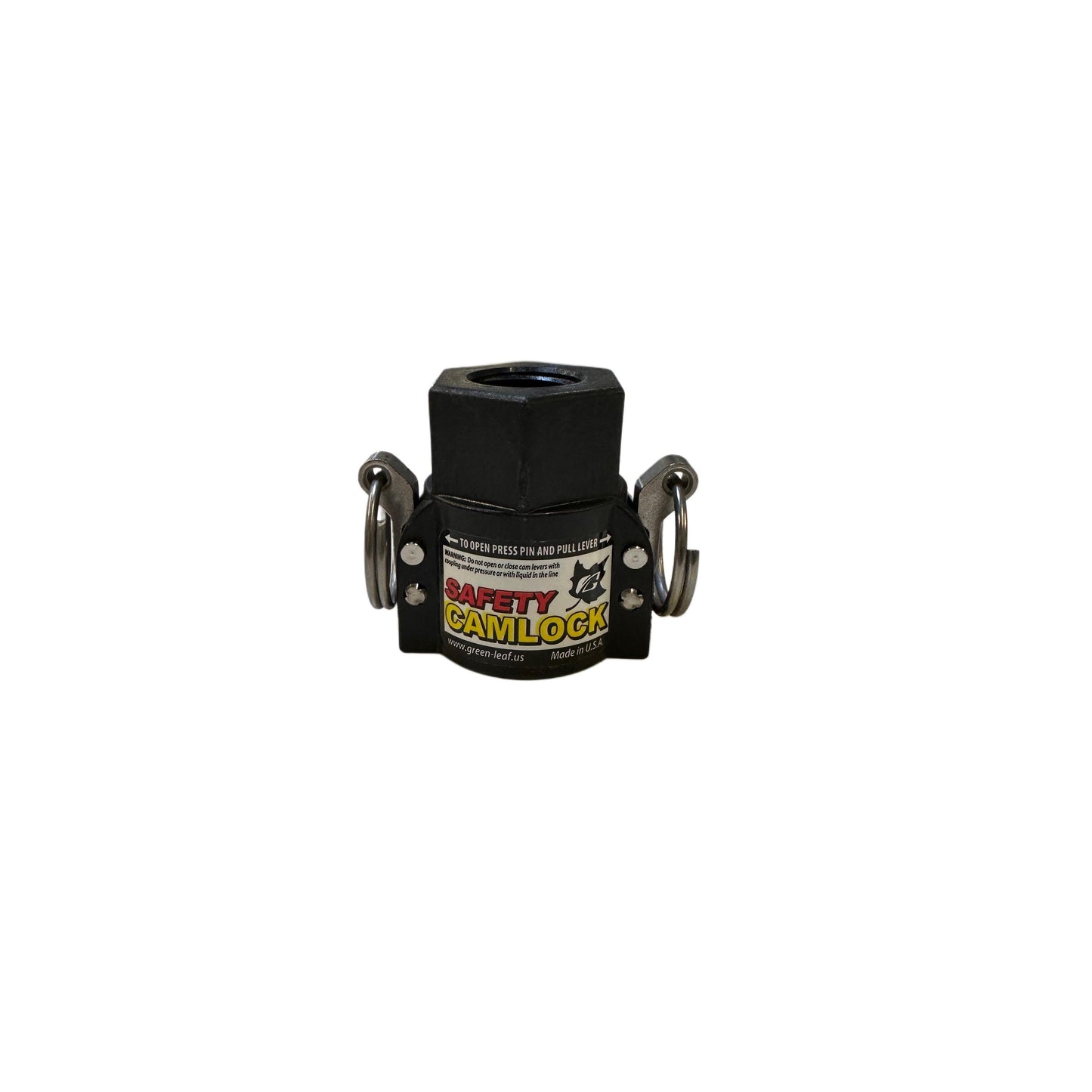 Black SAF200D Safety Camlock coupling with dual locking levers and a threaded female port on a white background.