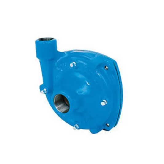 Blue cast iron centrifugal pump housing with a threaded inlet and outlet port for industrial fluid systems.