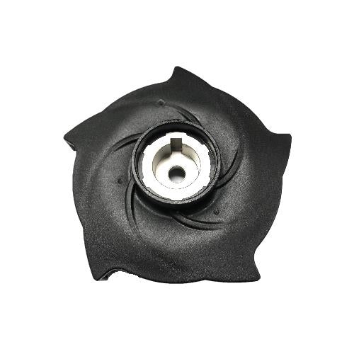 Black plastic pump impeller with a five-vane design and a central metal keyed shaft mount on a white background.