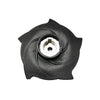 Black plastic pump impeller with a five-vane design and a central metal keyed shaft mount on a white background.
