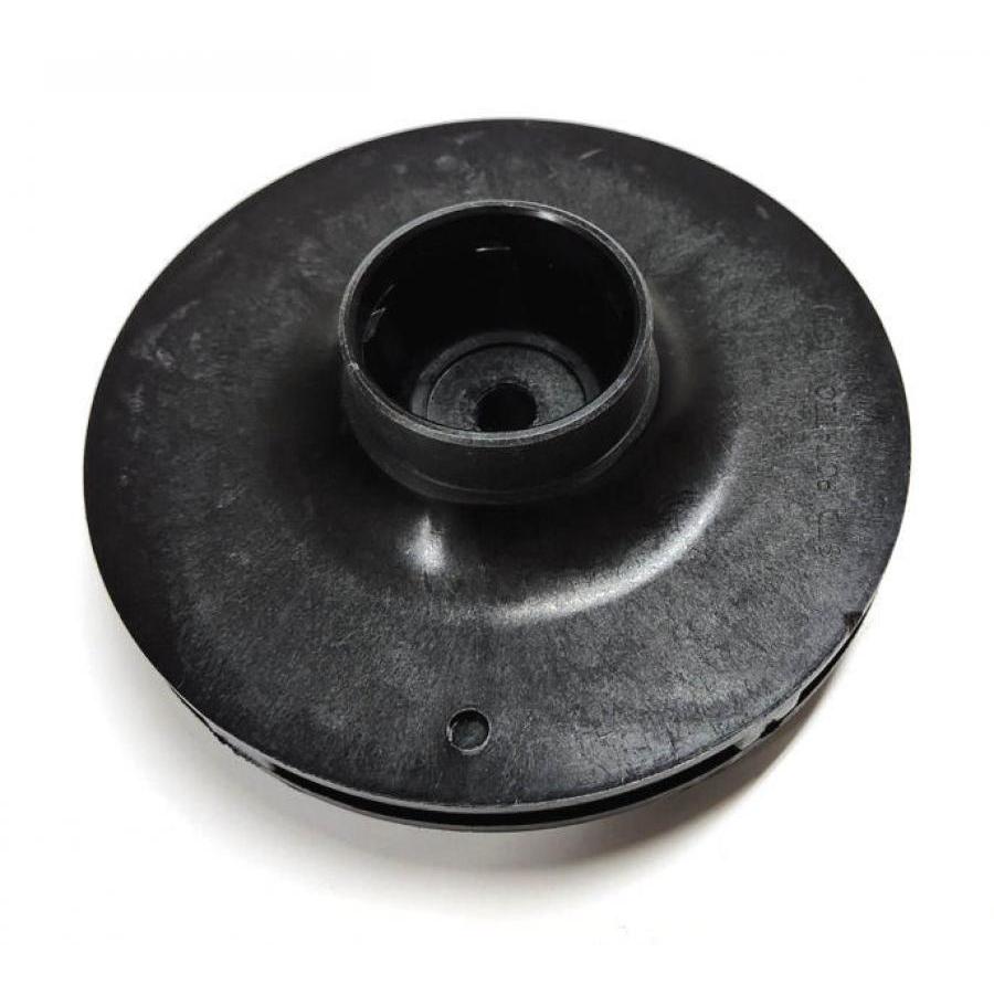 Black plastic pump impeller replacement part with a circular design and central hub, isolated on a white background.