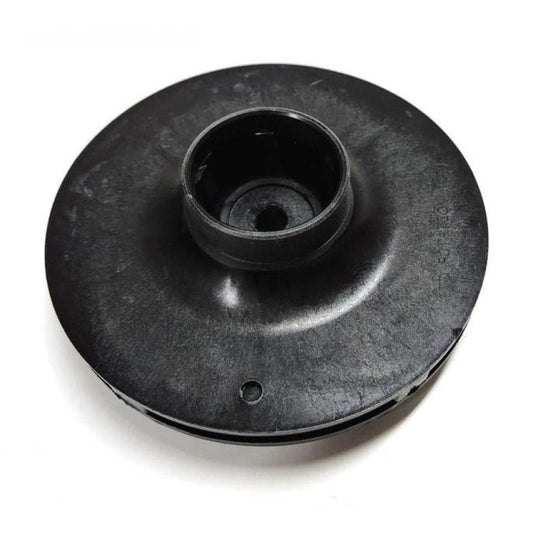 Black plastic pump impeller replacement part with a circular design and central mounting hub.