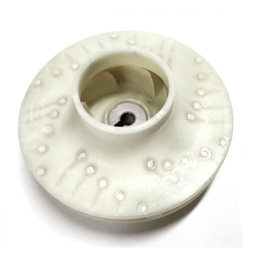 White plastic pump impeller with a central metal shaft hole and circular molded design features on a white background.