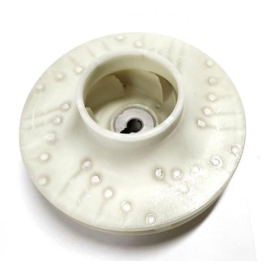 White plastic pump impeller with a central metal shaft hole and circular molded design features on a white background.