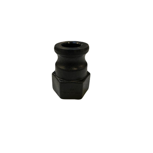 Black 050A camlock adapter with a hexagonal base and grooved cylindrical top, made in the USA.