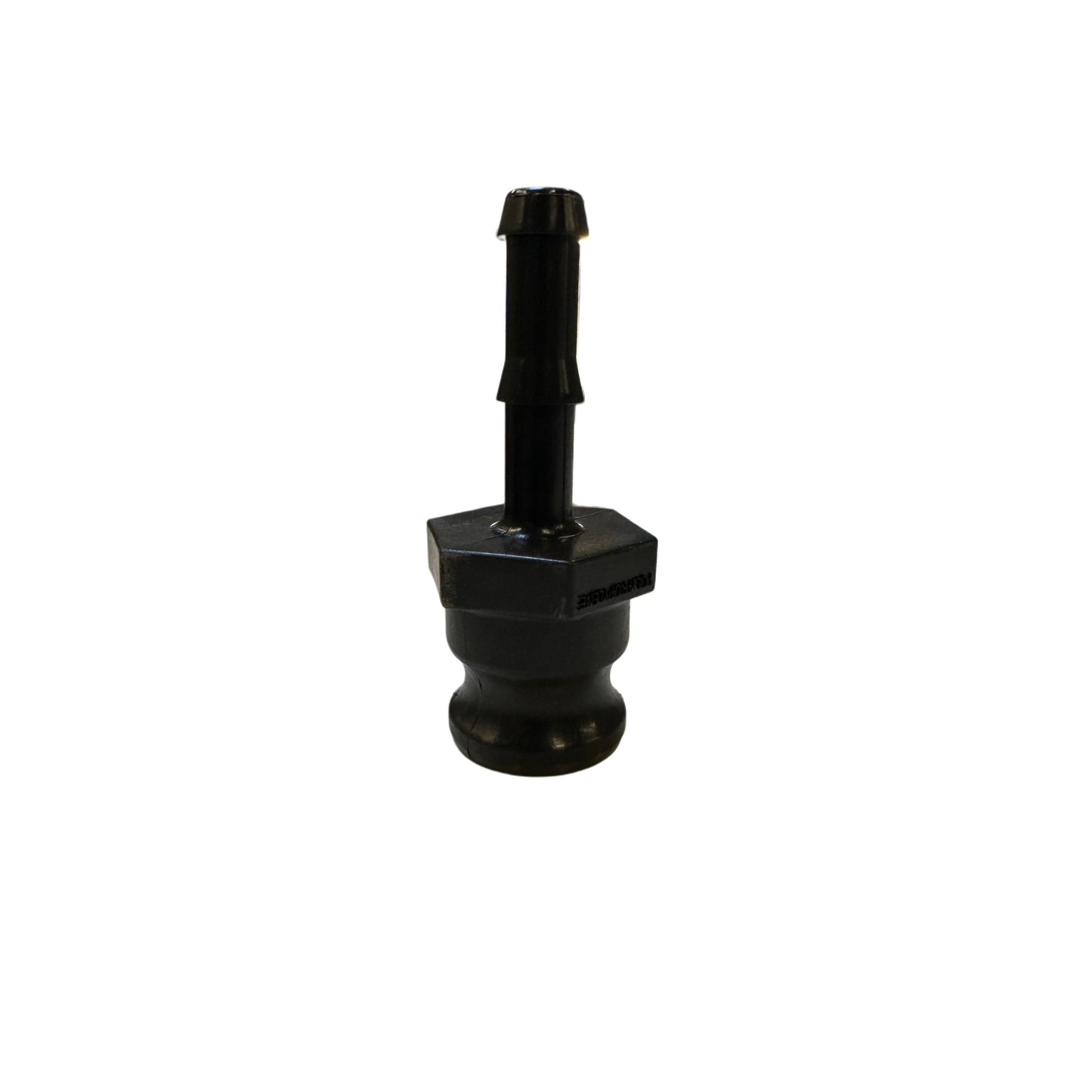 Black 050E (G) plastic irrigation barb fitting with a hexagonal base and grooved stem for secure tubing connection.