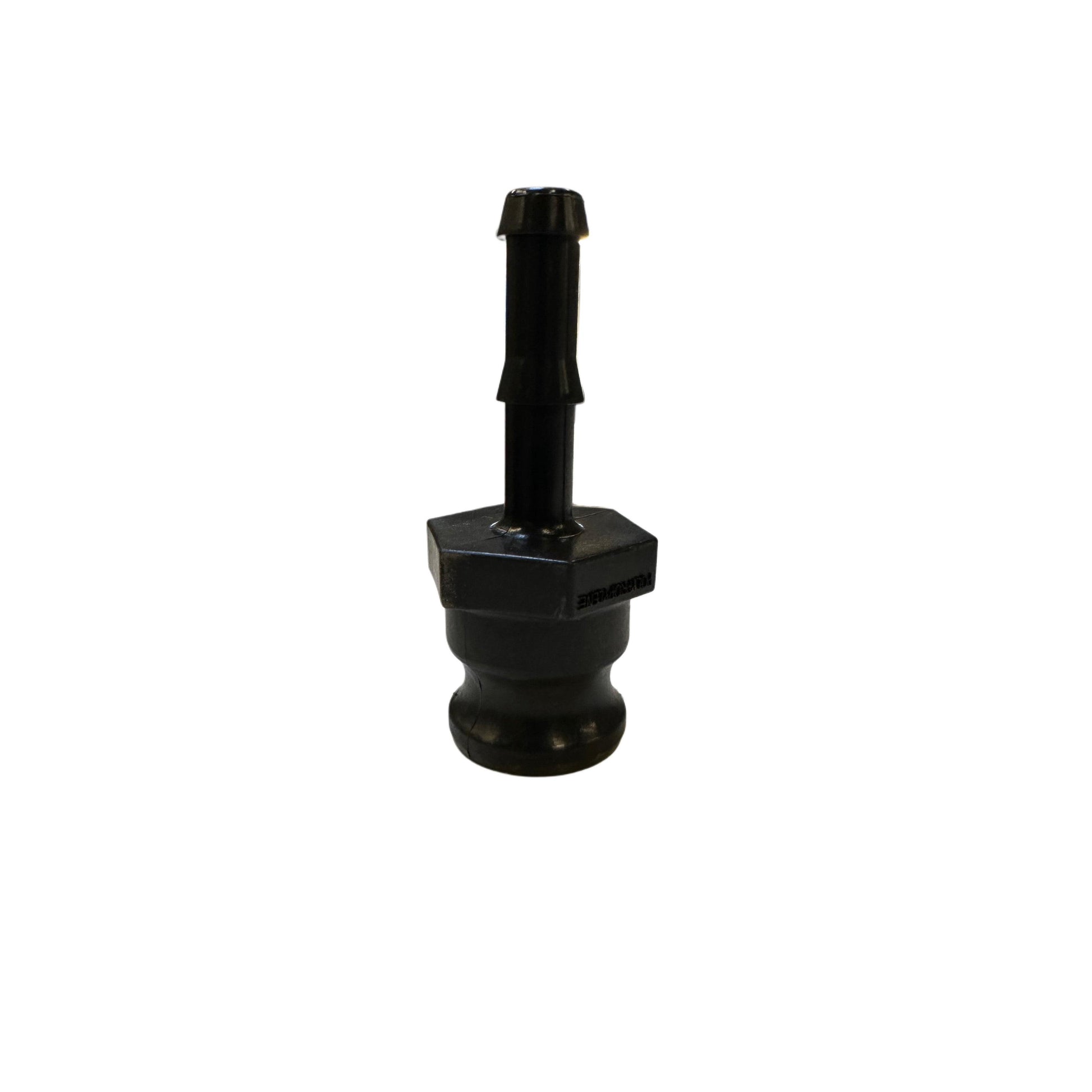 Black 050E (G) plastic irrigation barb fitting with a hexagonal base and grooved stem for secure tubing connection.