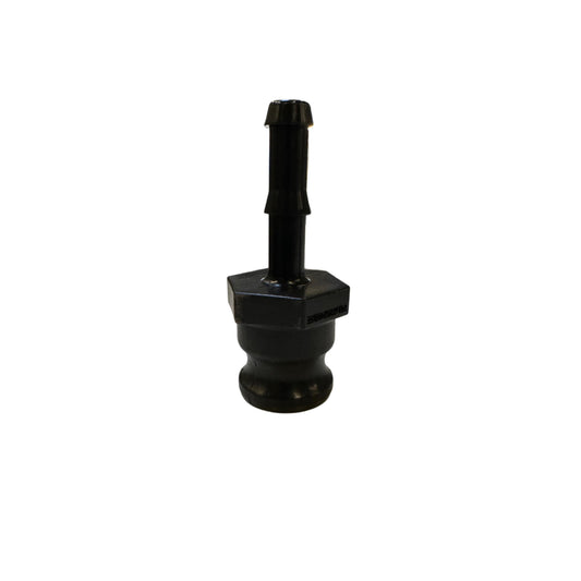 Black 050E (G) plastic irrigation barb fitting with a hexagonal base and grooved stem for secure tubing connection.